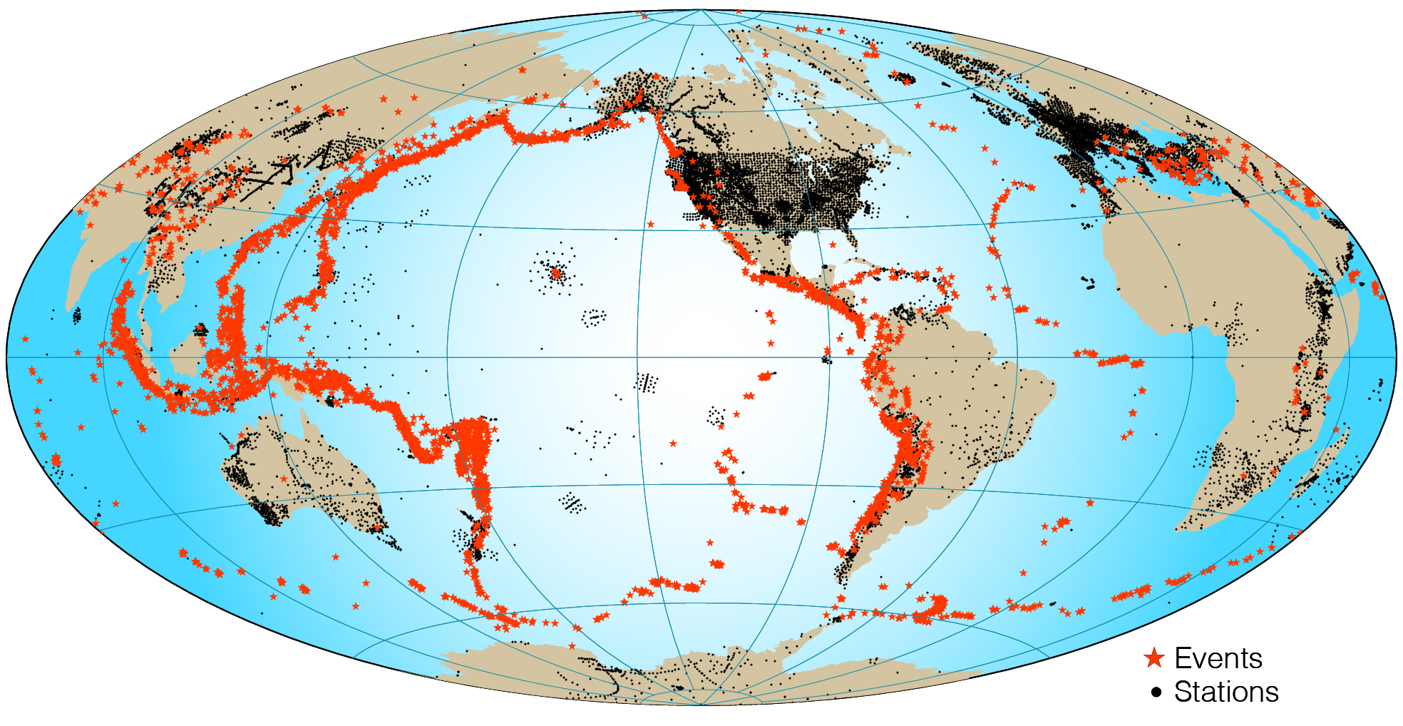 Global distribution of seismic stations and earthquakes in the ADEPT dataset