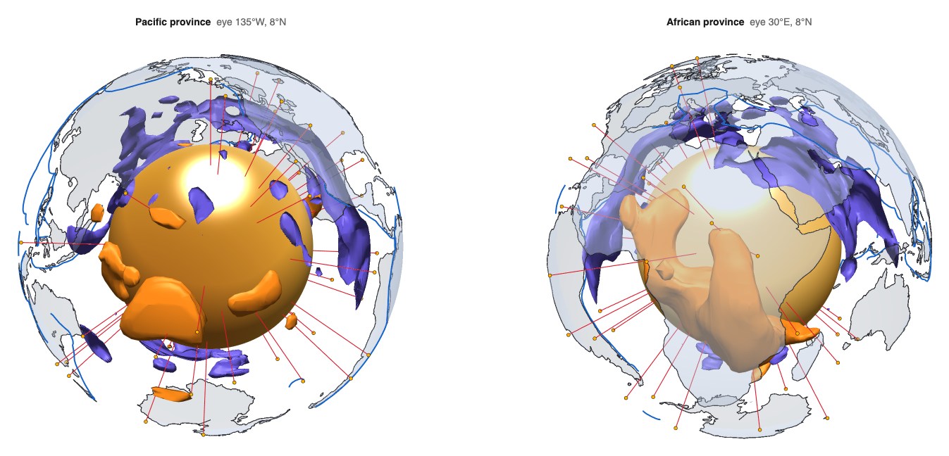 Interactive 3D globes of the compressional-wave tomographic agreement field beneath the Pacific and African provinces
