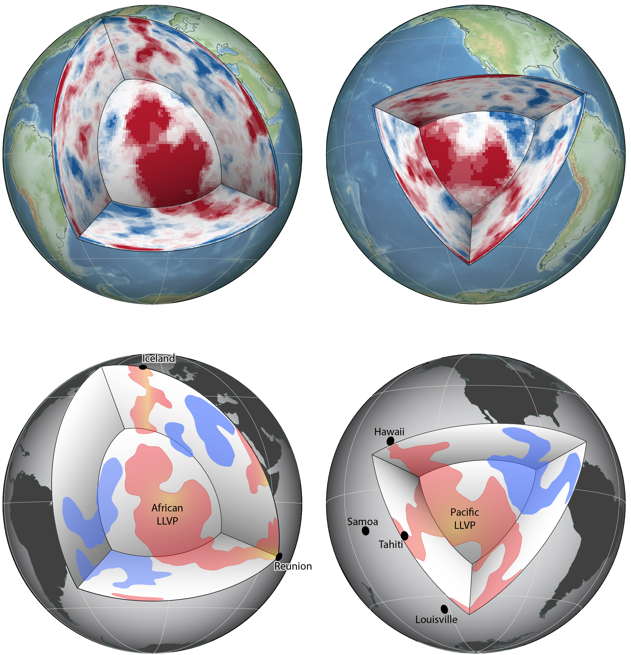 Cutaway globes of the African and Pacific LLVPs